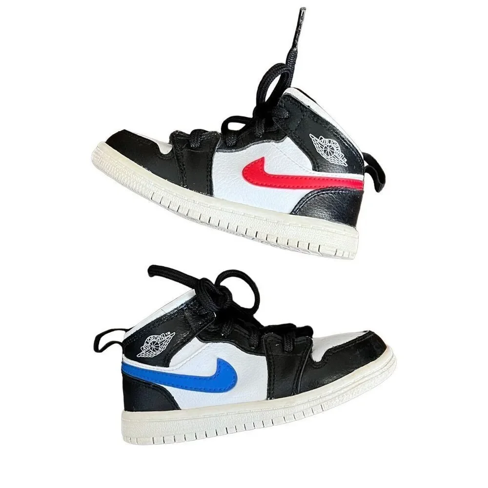 Nike Air Jordan 1 Mid Toddler 8C Black White Red Swoosh Sneakers
